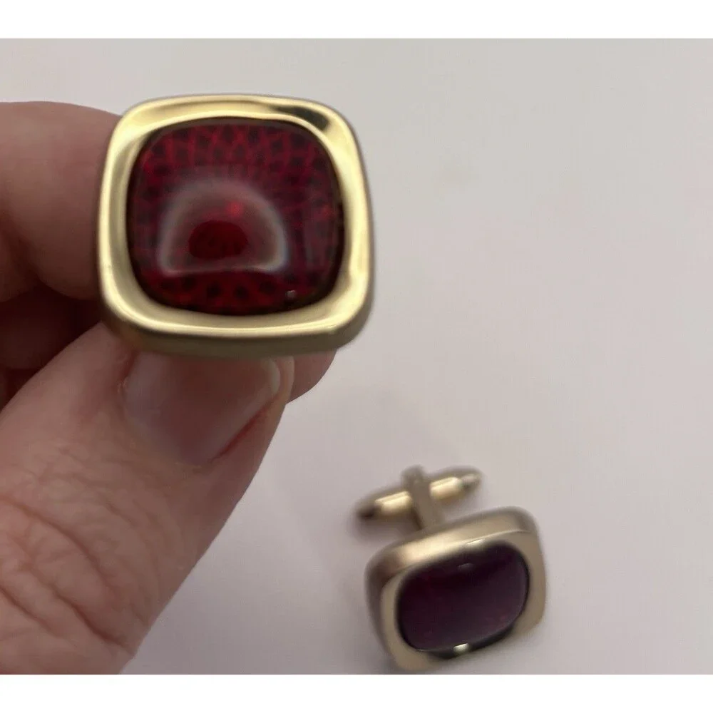 Vintage Mid-Century Gold Tone Cushion Square Red Cabochon Cufflinks Crown Stamp